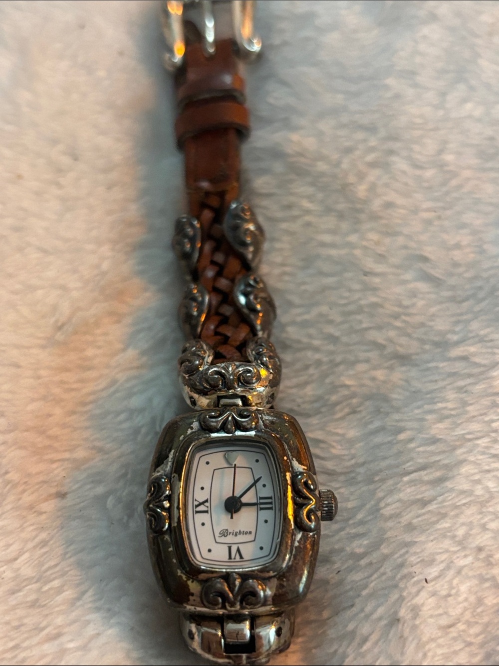 Brighton Brown Braided Leather Bracelet Watch with Silver-Tone Accents